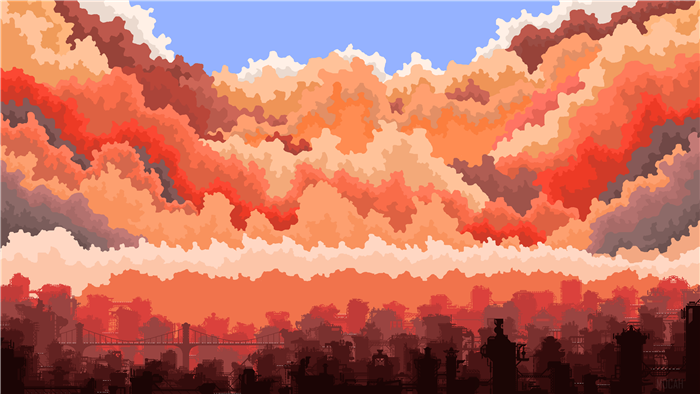 Pixel art city skyline with dramatic clouds