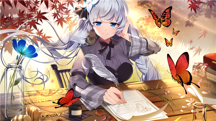 Girl with long hair writing with a quill, butterflies and flowers