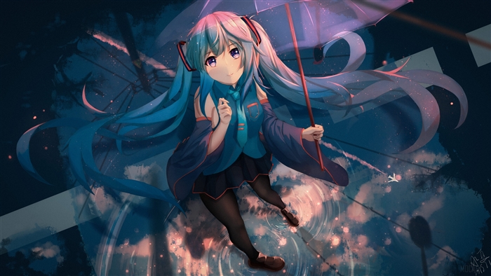 Hatsune Miku holding an umbrella in the rain