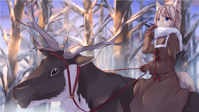 Girl with animal ears riding a reindeer in a snowy forest