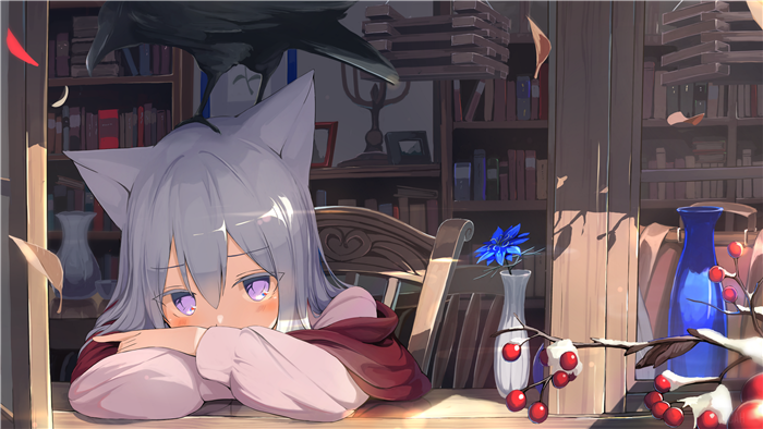 Anime girl with cat ears and crow in library 4K