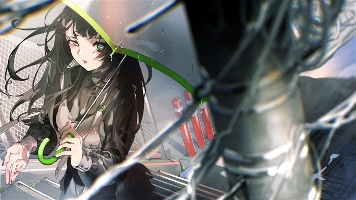 Girl with Black Hair and Green Eyes Holding Umbrella 4K