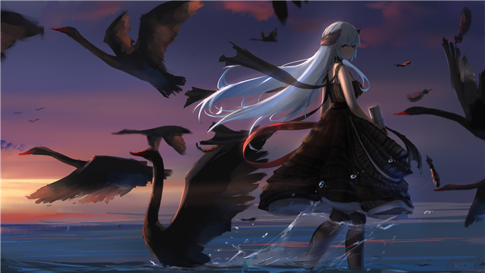 Girl with white hair and black swans at sunset