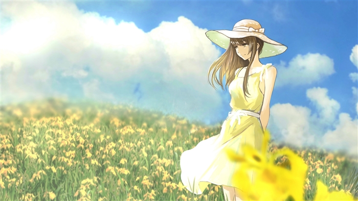 Girl in a yellow dress and hat in a meadow 4K