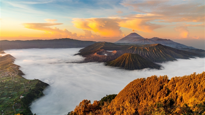Mount Bromo Volcano Landscape with Fog and Sunrise 4K