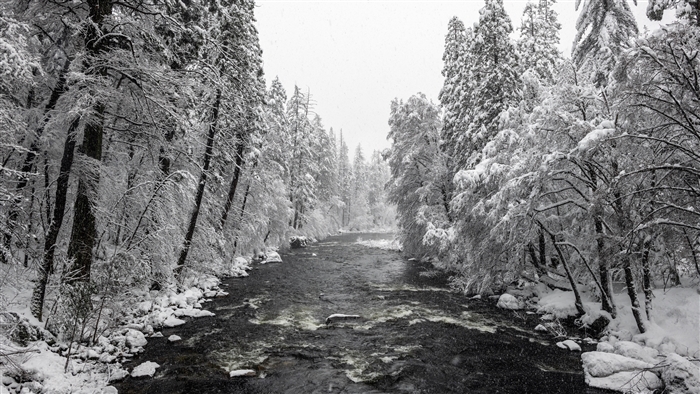 River in Yosemite National Park during winter snow