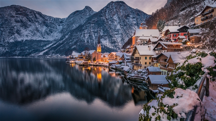Hallstatt Winter Town by Lake and Mountains 4K