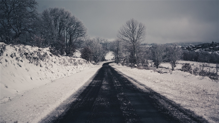 Snowy Road Through Winter Landscape 4K