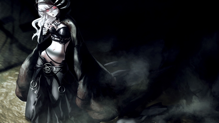 Girl in dark attire with pentagram