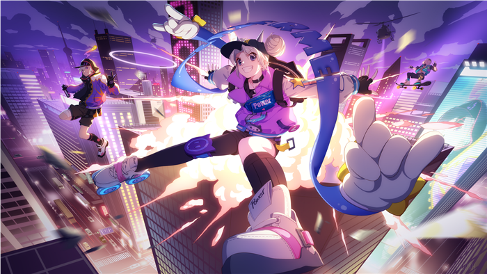 Girl on roller skates in a futuristic city
