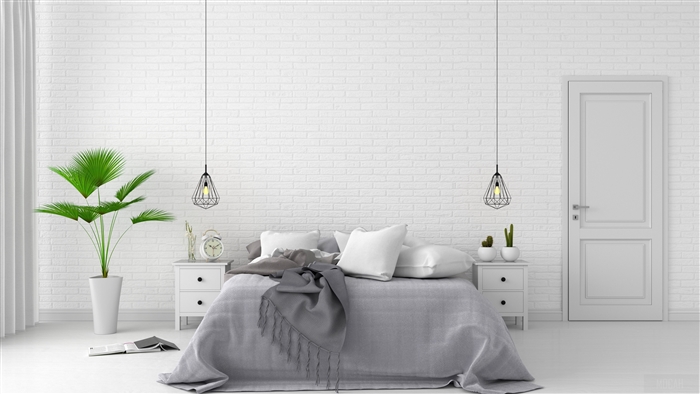 Bedroom with white brick wall and bed