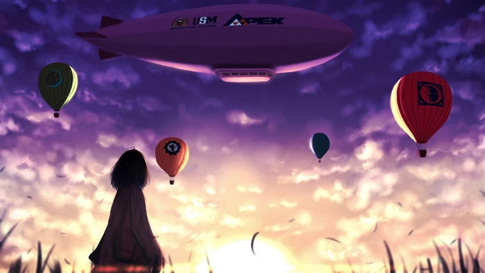 Girl and hot air balloons at sunset