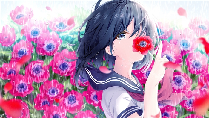 Girl in School Uniform with Flower in Rain 4K