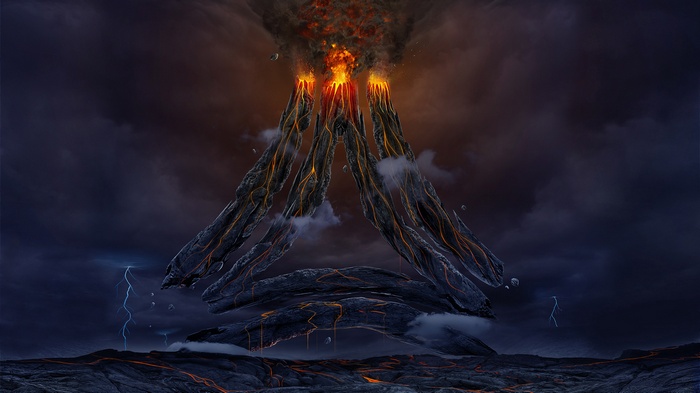 Fantasy Volcano eruption with lava and lightning