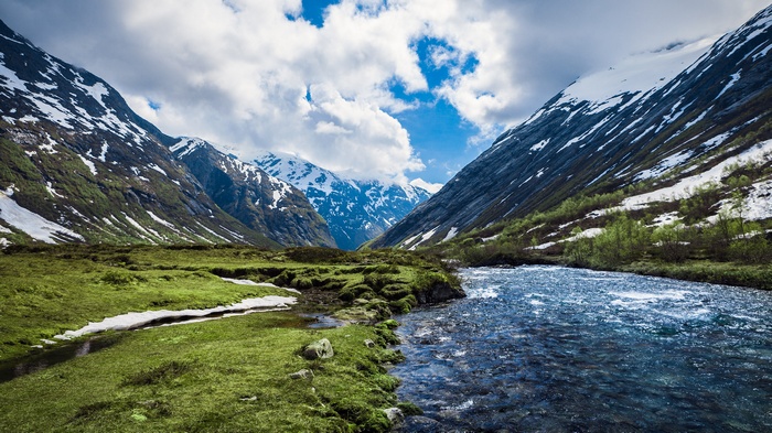 Snow-capped mountains and a river in a valley
