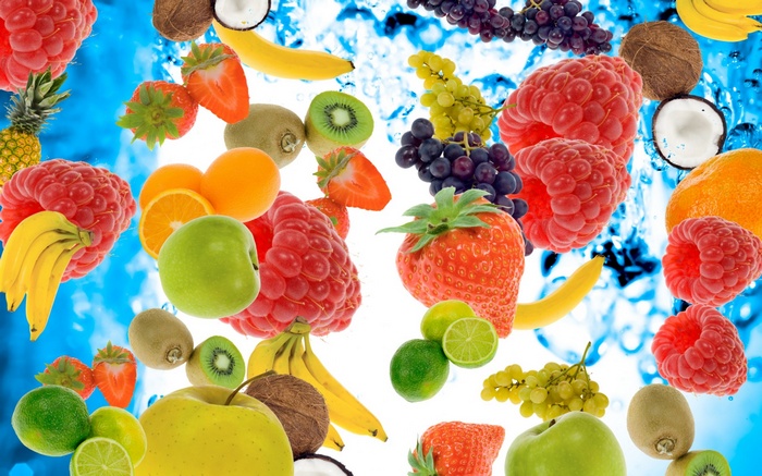 Fresh Assortment of Colorful Fruits with Water Bubbles