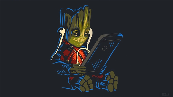 Baby Groot from Guardians of the Galaxy listening to music on phone 4K