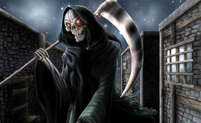 Grim Reaper with Scythe in Dark Alley