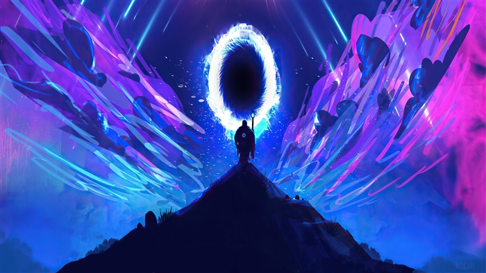 Silhouette walking towards glowing portal 4K
