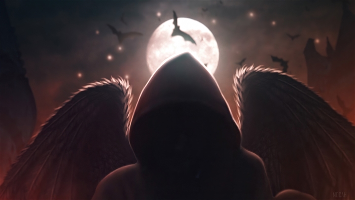 Hooded Angel with Wings in Front of Moon