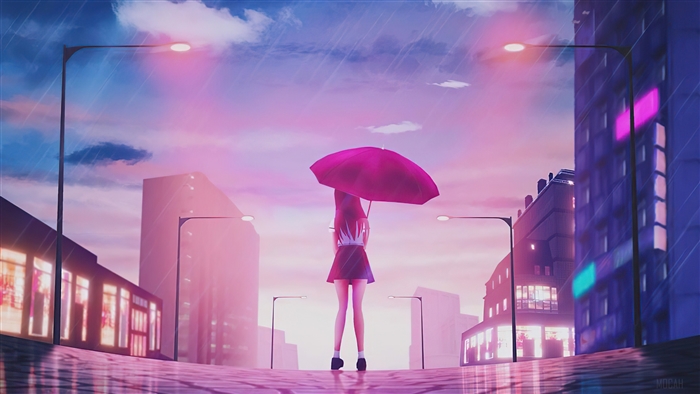 Girl with Umbrella in Rainy City 4K