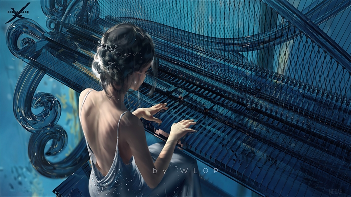 Girl playing a piano by Wlop 4K