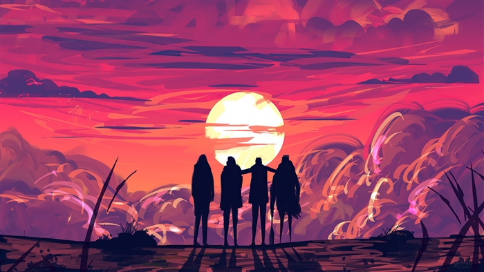 Four friends silhouetted against a sunset