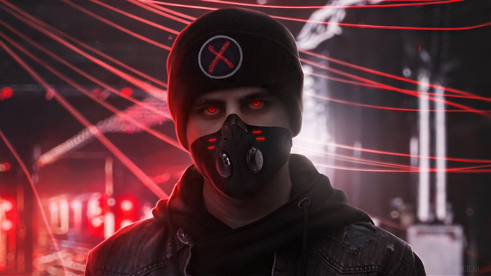 Man with glowing red eyes and mask