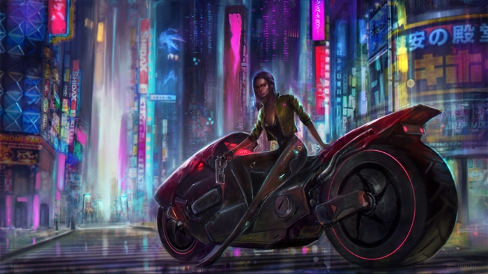 Cyberpunk Girl Biker in Neon City 4K
