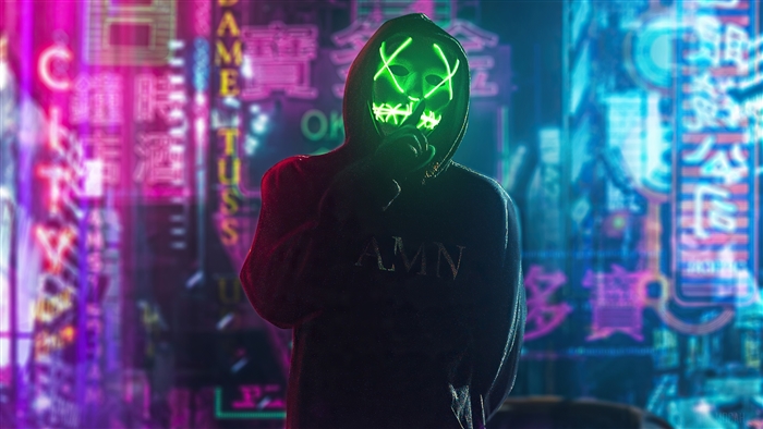 Person in a neon mask in a city