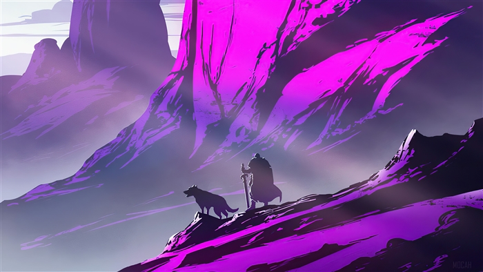Man and wolf on purple mountain peaks