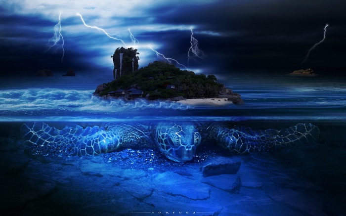 Turtle and island during a lightning storm