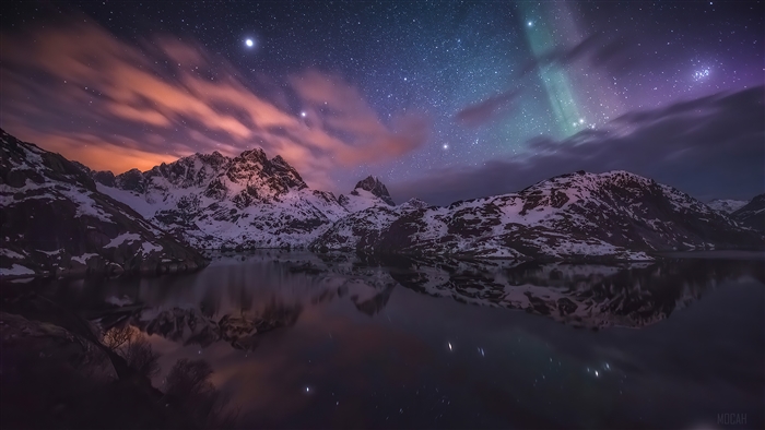 Aurora Borealis over Snowy Mountains and Lake