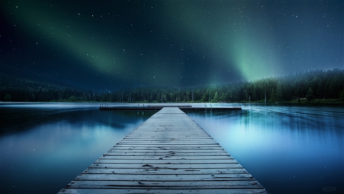 Wooden Jetty Under Aurora Borealis at Night 4K