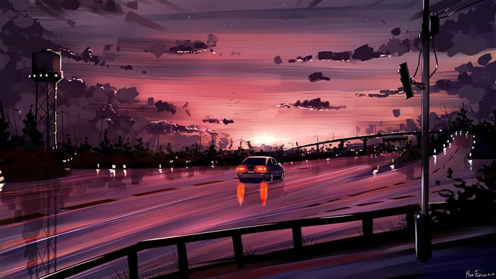 Car on highway at sunset 4K