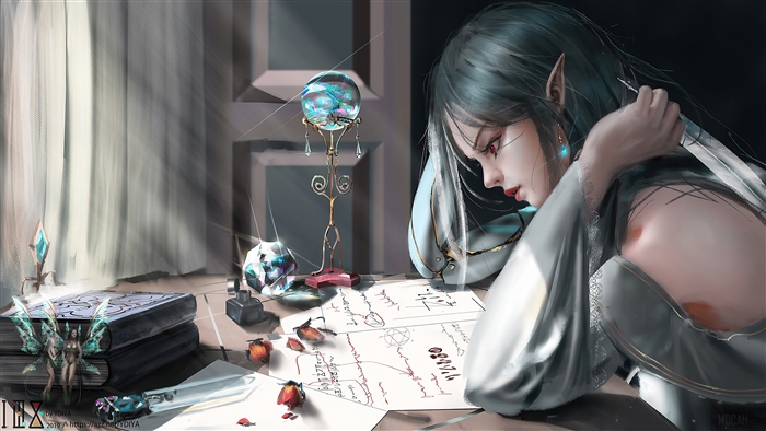 Elf girl studying ancient texts with magical artifacts