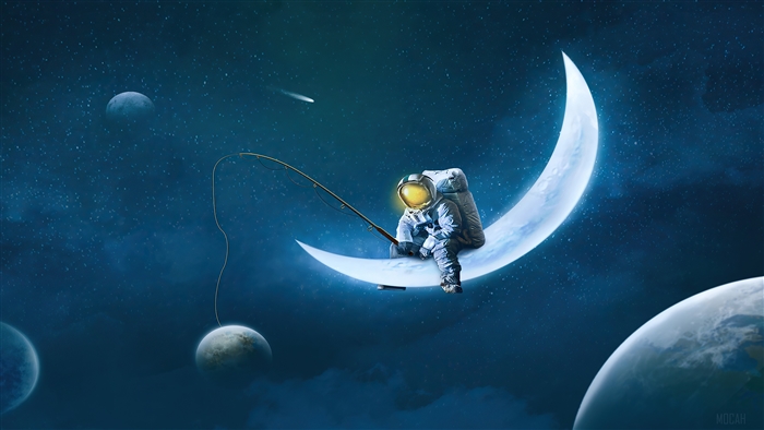 Astronaut fishing on the moon in space 4K
