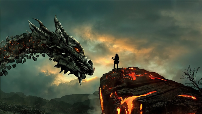 Dragon confronting a person on a lava rock