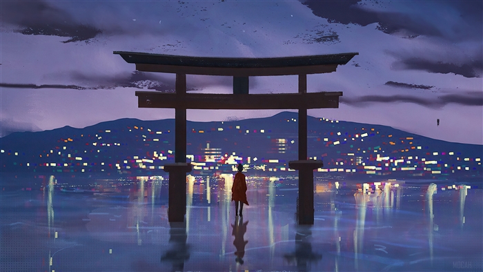 Person in front of Torii gate with city lights