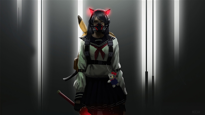 Girl in school uniform with gas mask and cat ears