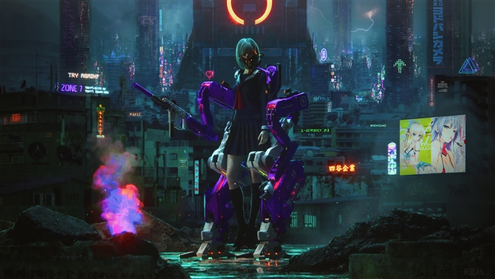 Girl in mech suit in futuristic city 4K