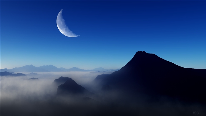 Crescent Moon Over Misty Mountains 4K
