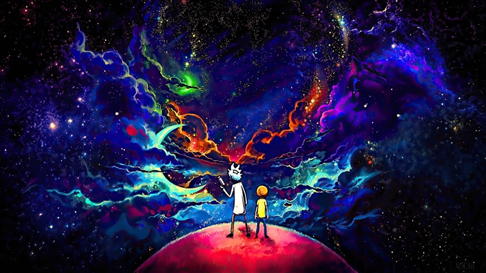 Rick and Morty Stargazing in Vibrant Space 4K