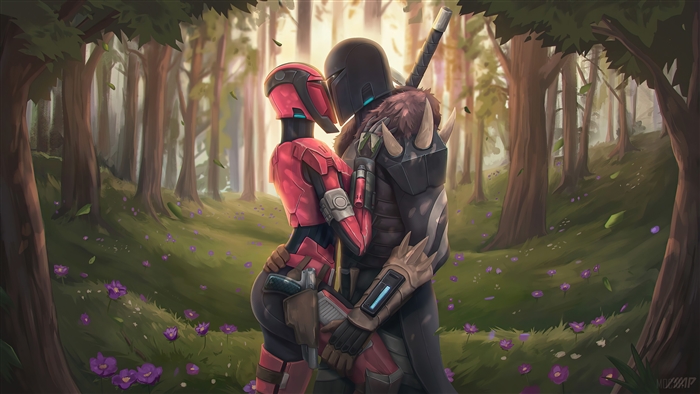 Mandalorians from Star Wars in a forest 4K