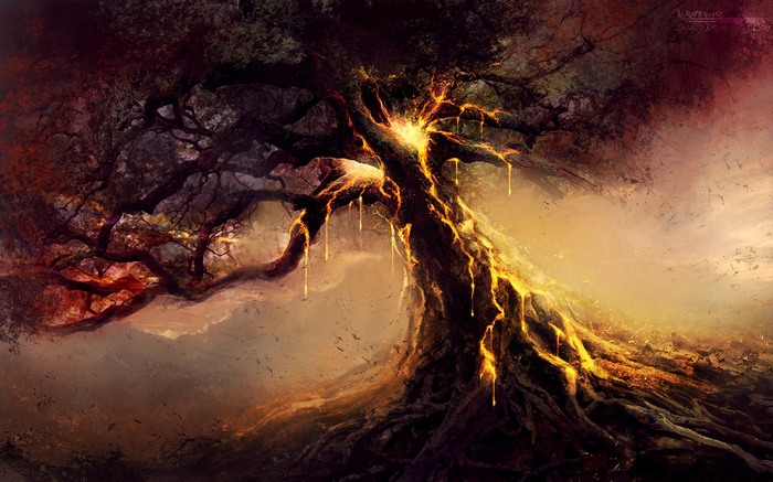 Fantasy tree with molten lava flowing down its trunk