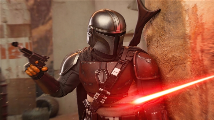 The Mandalorian with Blaster and Lightsaber