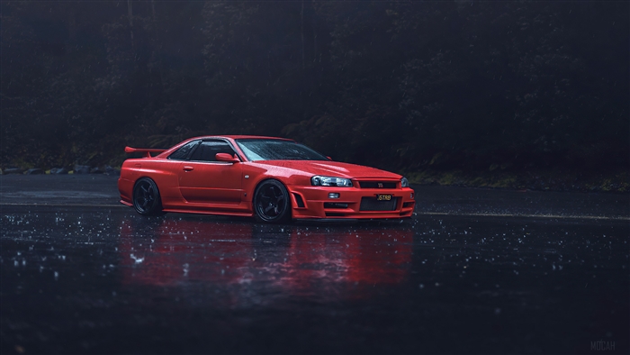Red Nissan GTR R34 on Rainy Road 4K