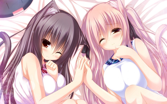 Two catgirls holding hands on a bed