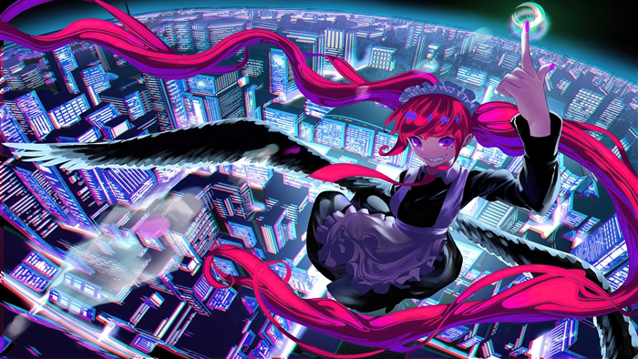Anime Girl with Pink Hair and Wings over City 4K