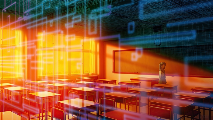 Classroom with digital overlay and a girl
